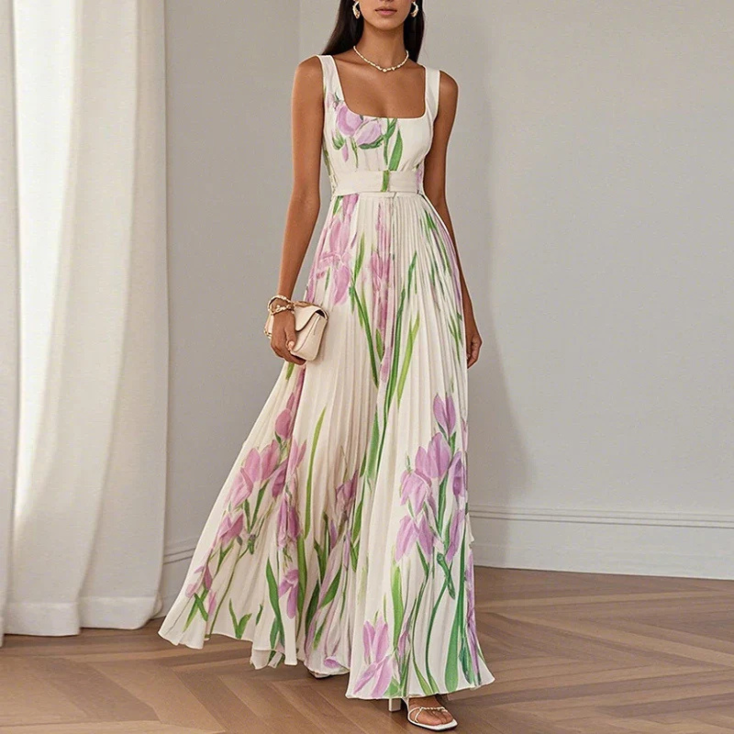 Women's Floral Pleated Wedding Guest Maxi Dress