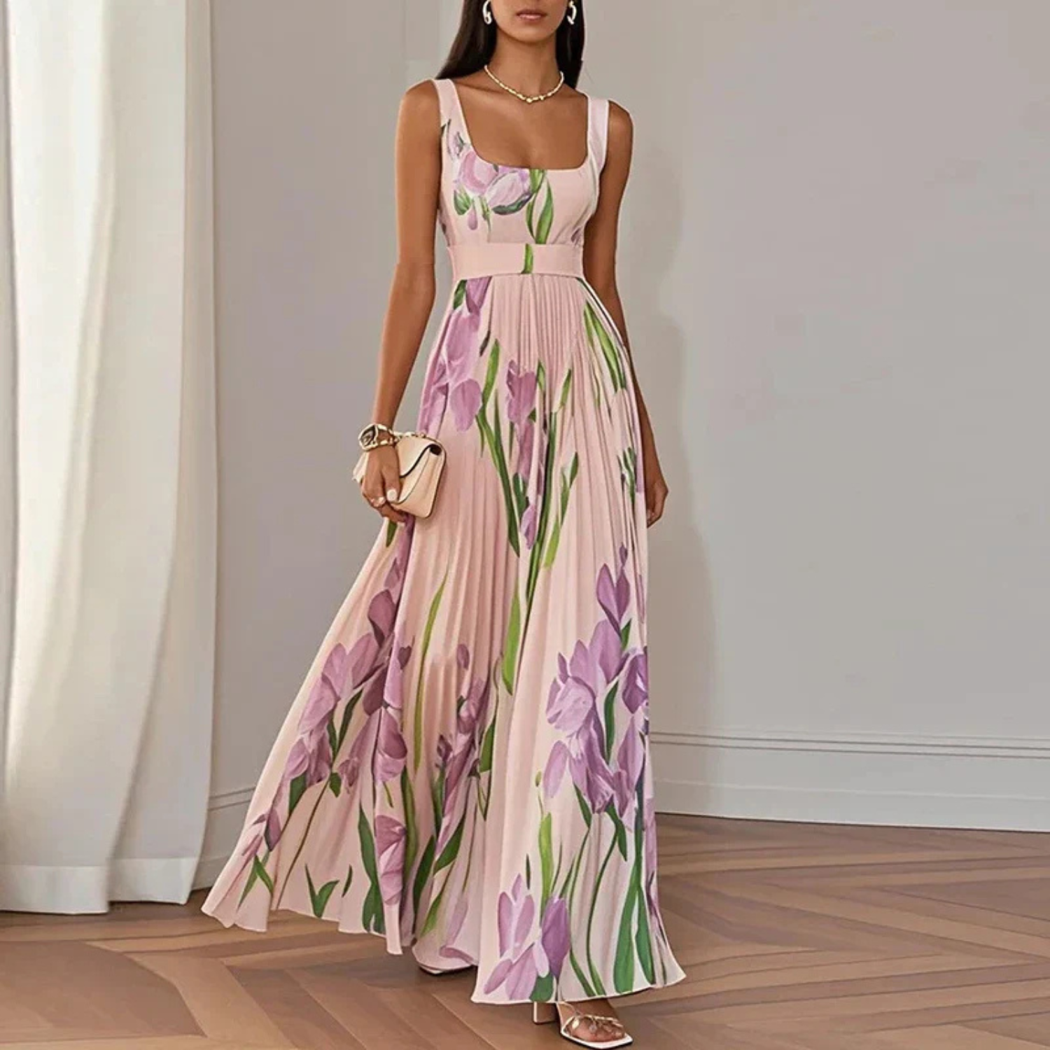Women's Floral Pleated Wedding Guest Maxi Dress