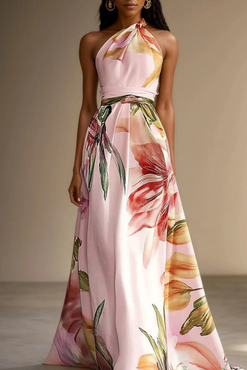 Women's Floral Satin Wedding Guest Maxi Dress