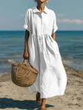 Women's Linen Pintuck Shirt Dress with Smocked Waist