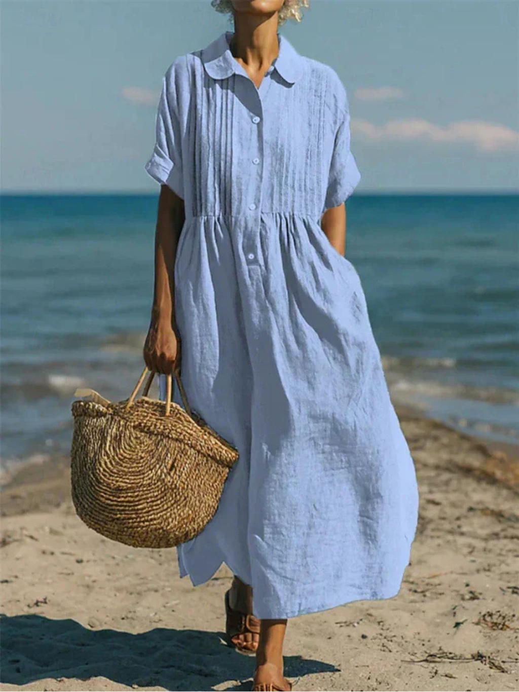 Women's Linen Pintuck Shirt Dress with Smocked Waist