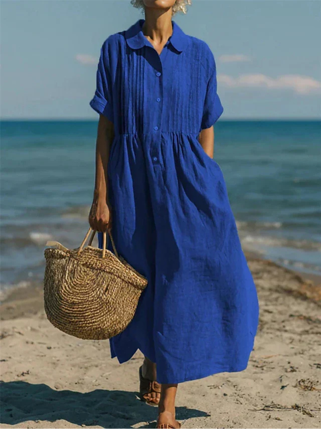 Women's Linen Pintuck Shirt Dress with Smocked Waist