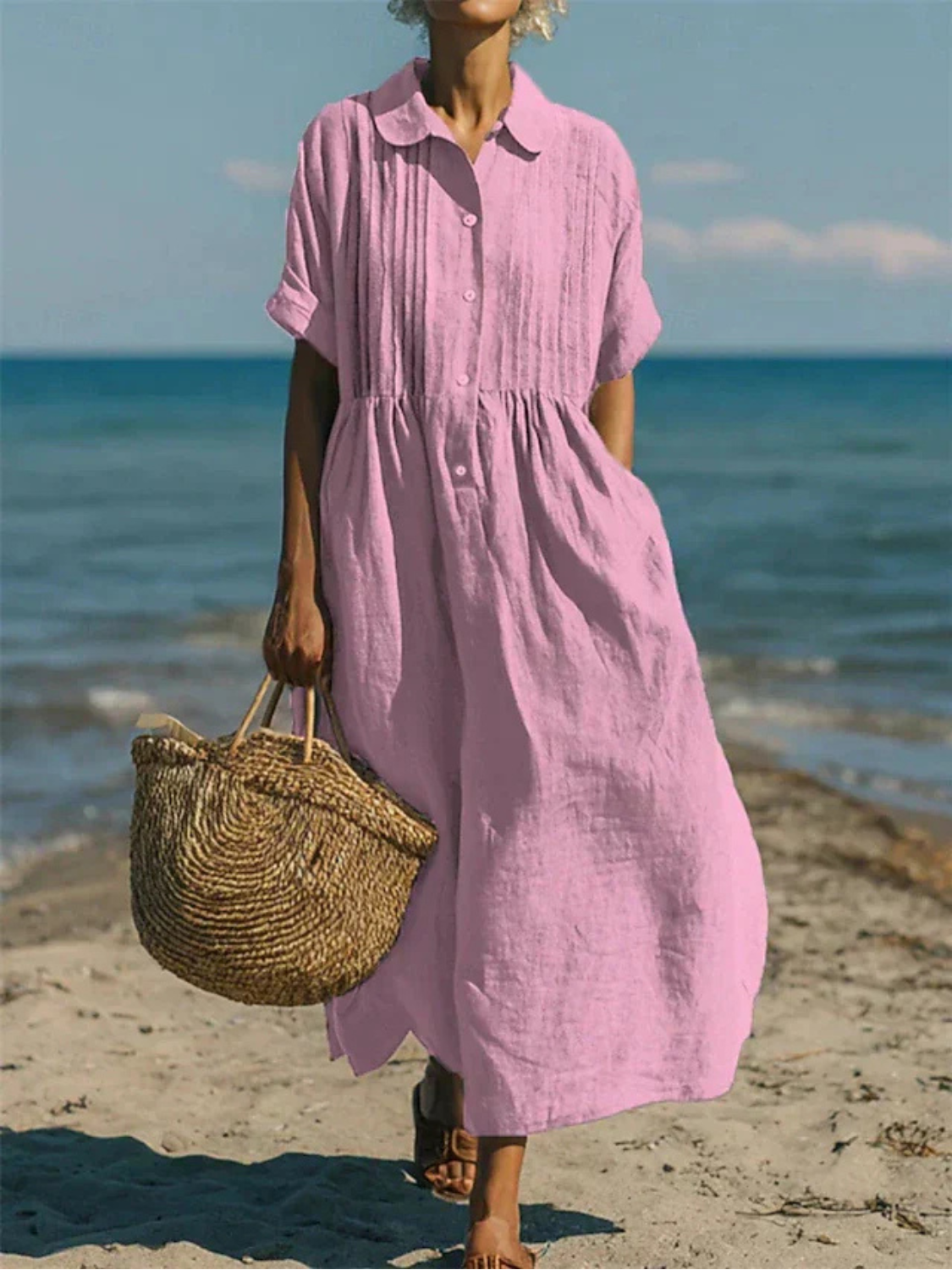 Women's Linen Pintuck Shirt Dress with Smocked Waist
