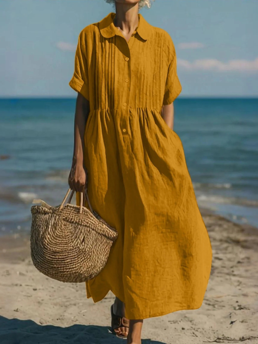 Women's Linen Pintuck Shirt Dress with Smocked Waist
