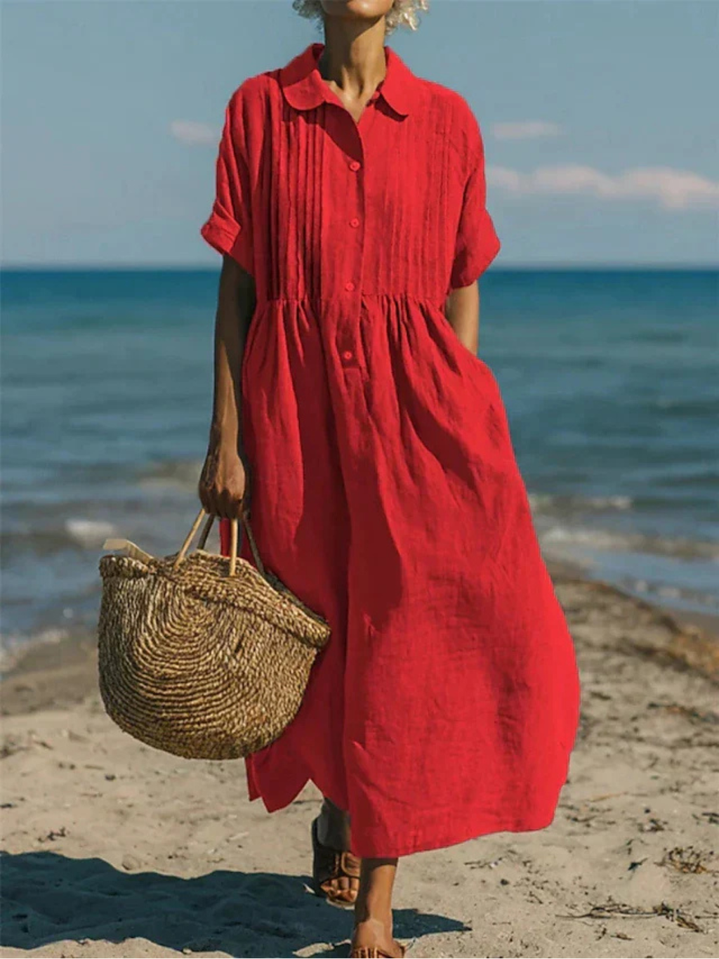 Women's Linen Pintuck Shirt Dress with Smocked Waist