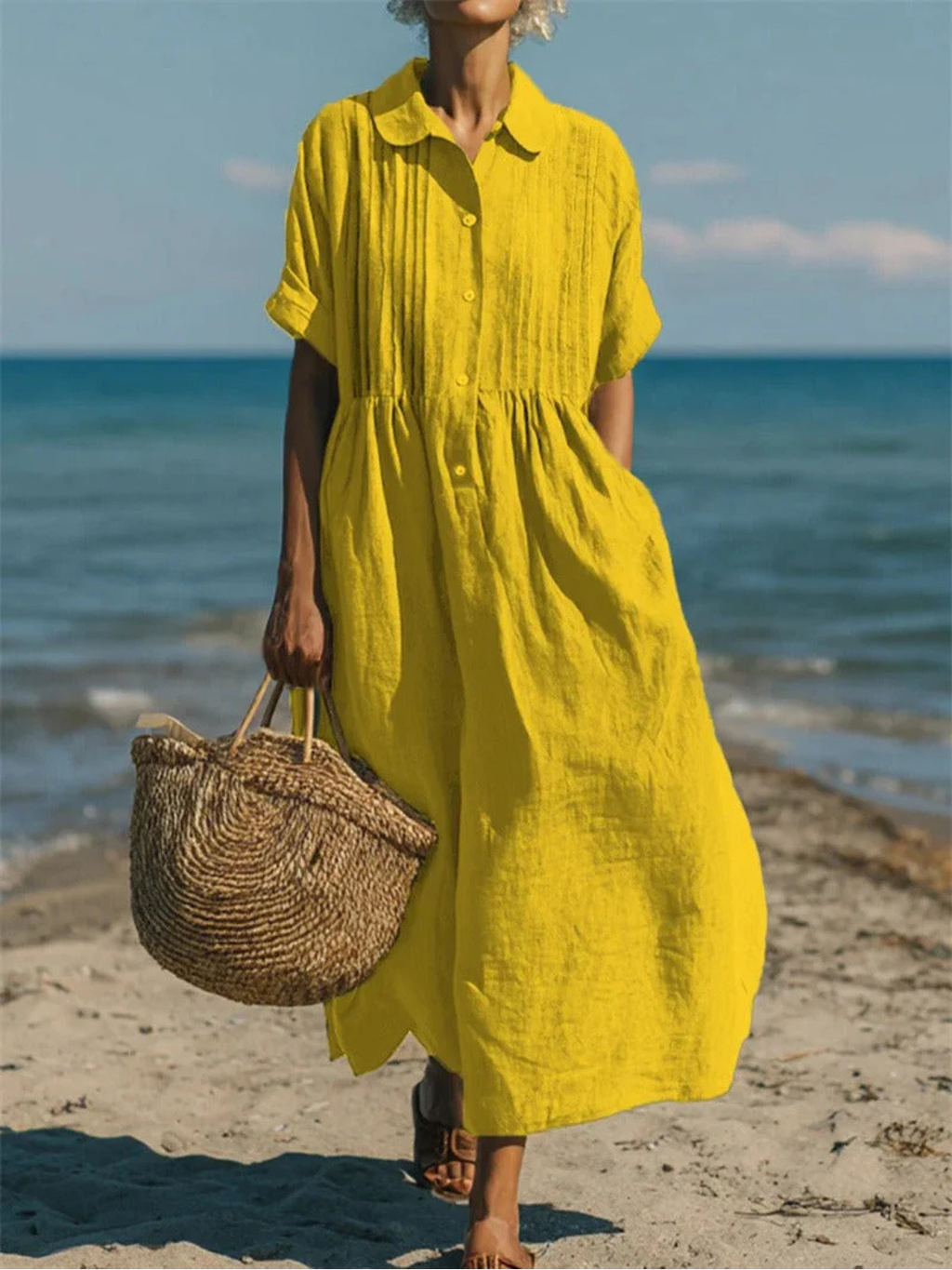 Women's Linen Pintuck Shirt Dress with Smocked Waist