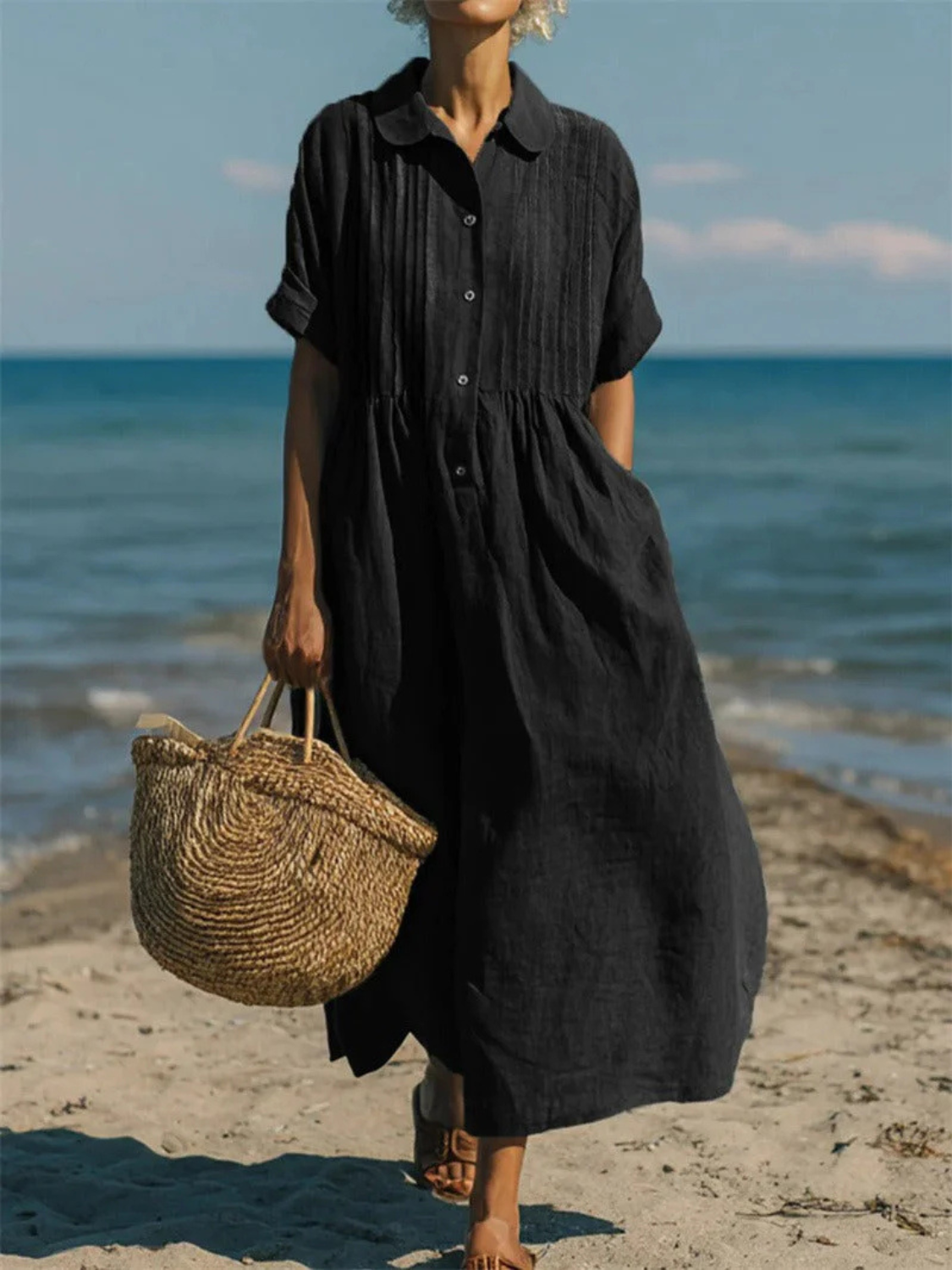 Women's Linen Pintuck Shirt Dress with Smocked Waist