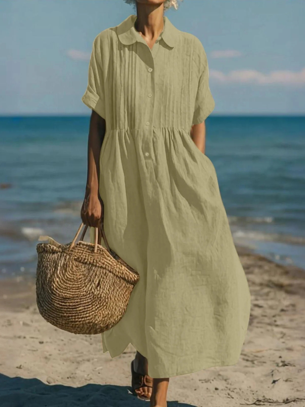 Women's Linen Pintuck Shirt Dress with Smocked Waist