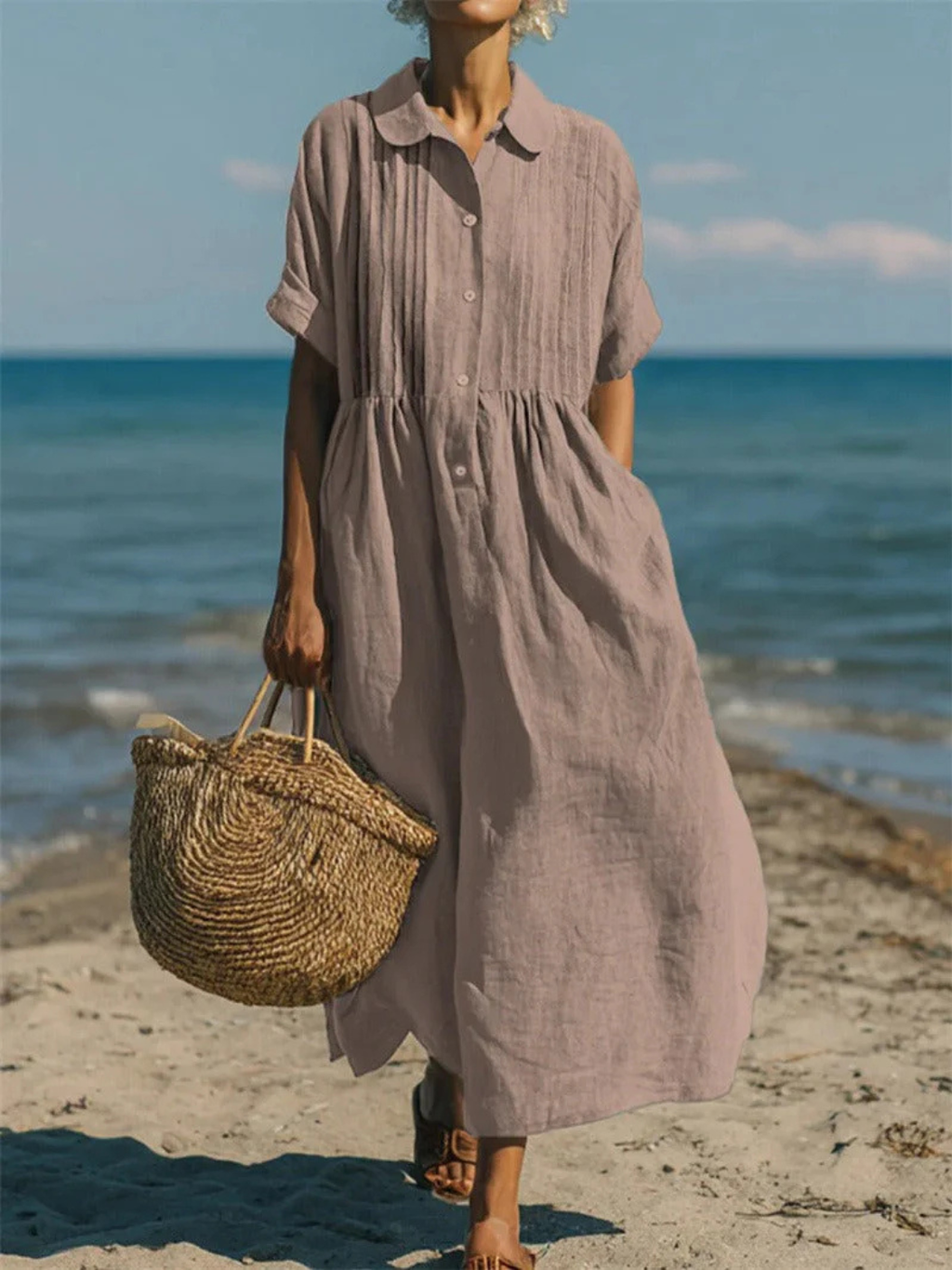 Women's Linen Pintuck Shirt Dress with Smocked Waist