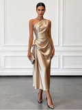 Women's Satin One-Shoulder Wedding Guest Midi Dress
