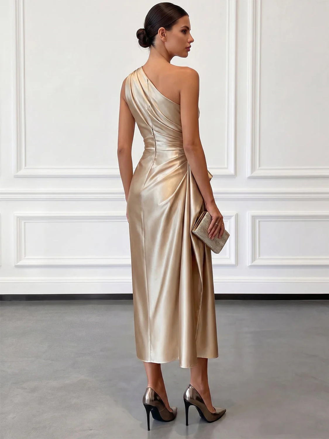 Women's Satin One-Shoulder Wedding Guest Midi Dress