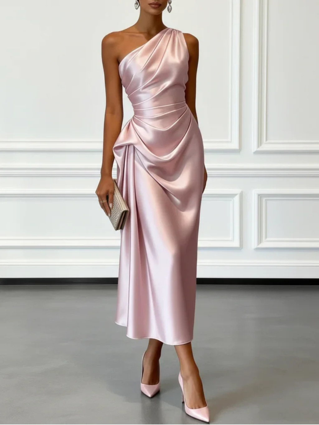 Women's Satin One-Shoulder Wedding Guest Midi Dress