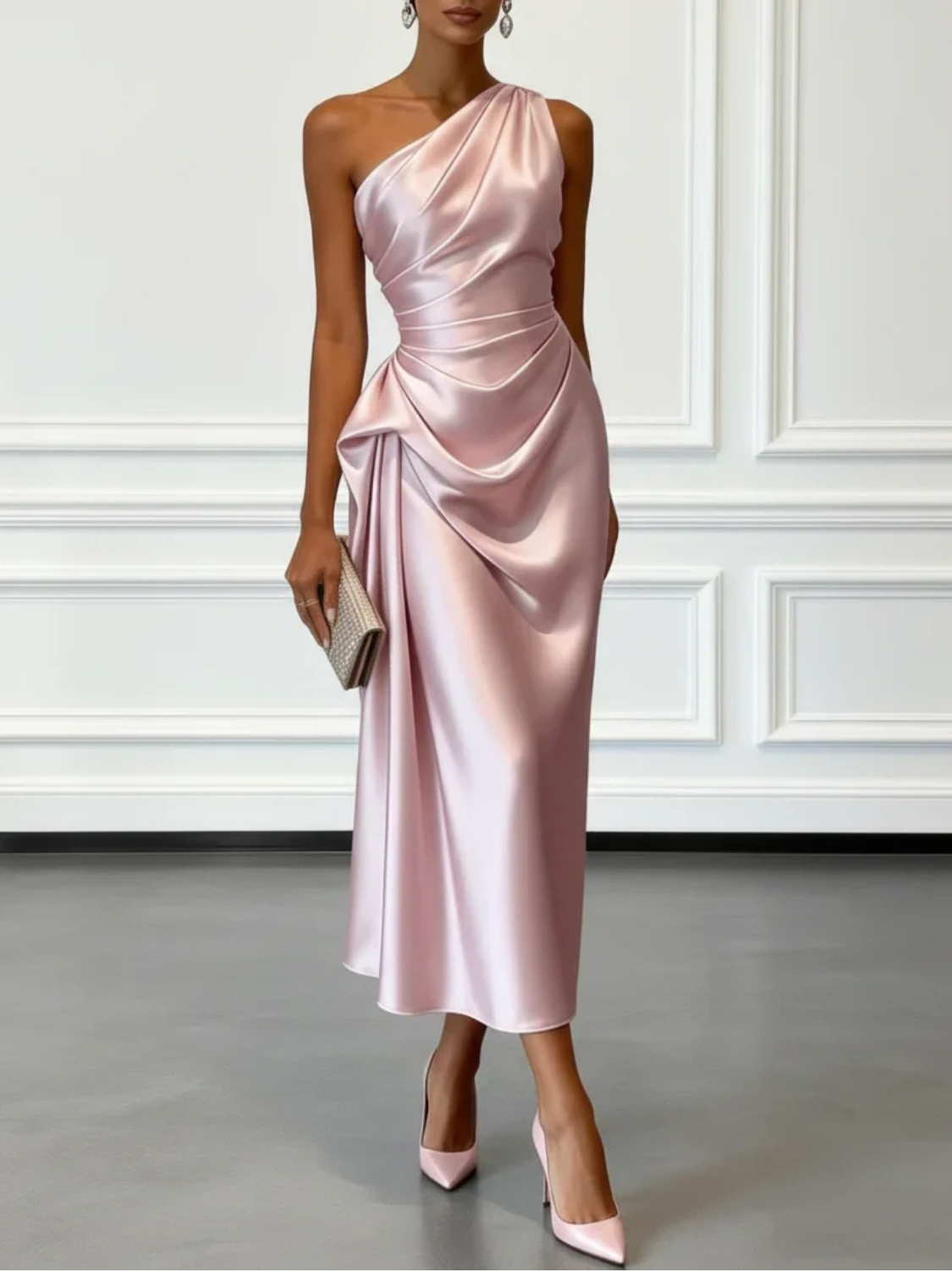 Women's Satin One-Shoulder Wedding Guest Midi Dress