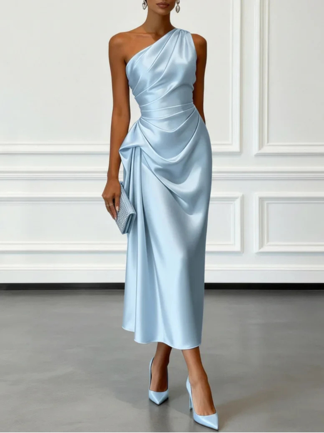 Women's Satin One-Shoulder Wedding Guest Midi Dress