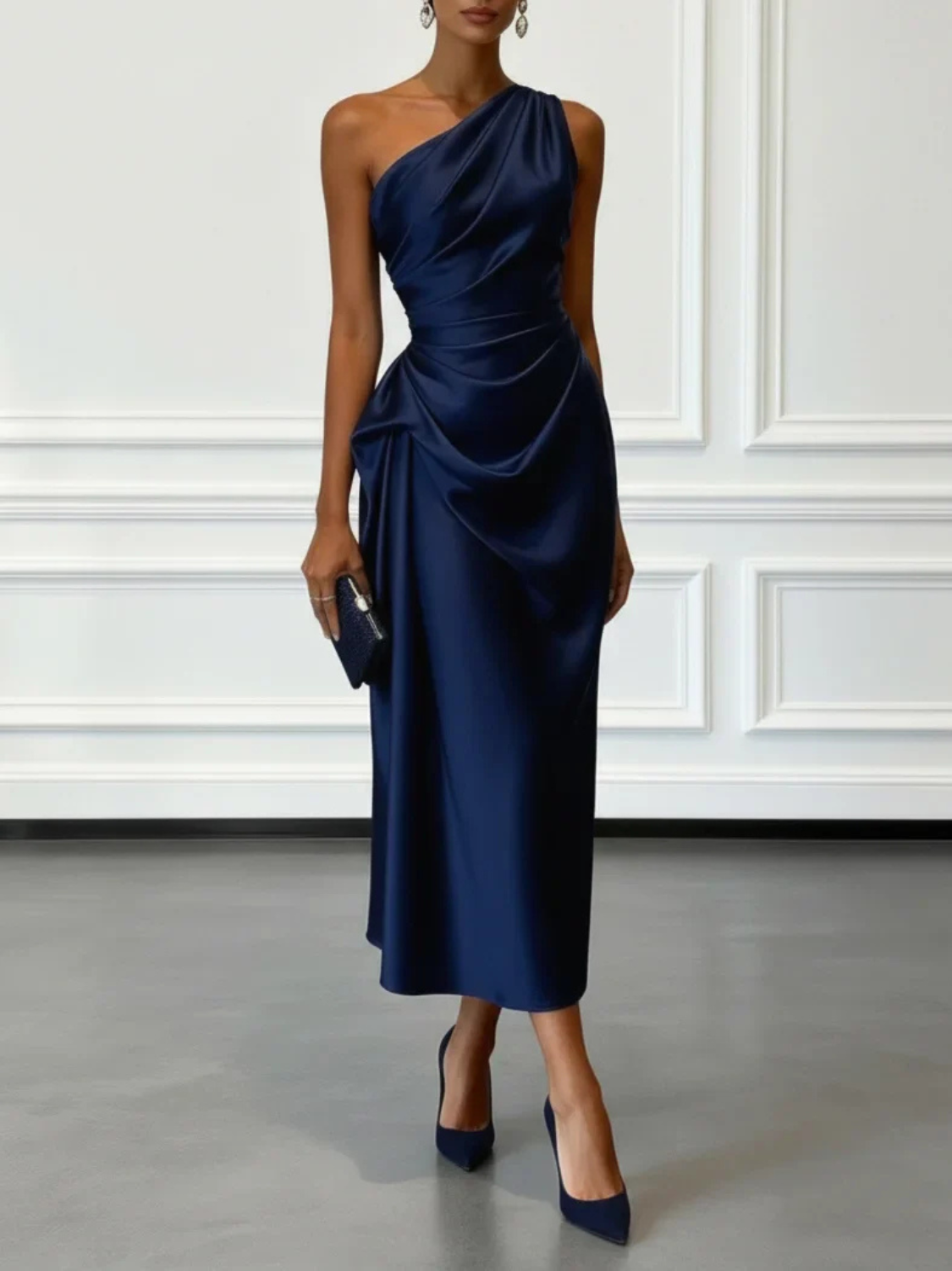 Women's Satin One-Shoulder Wedding Guest Midi Dress