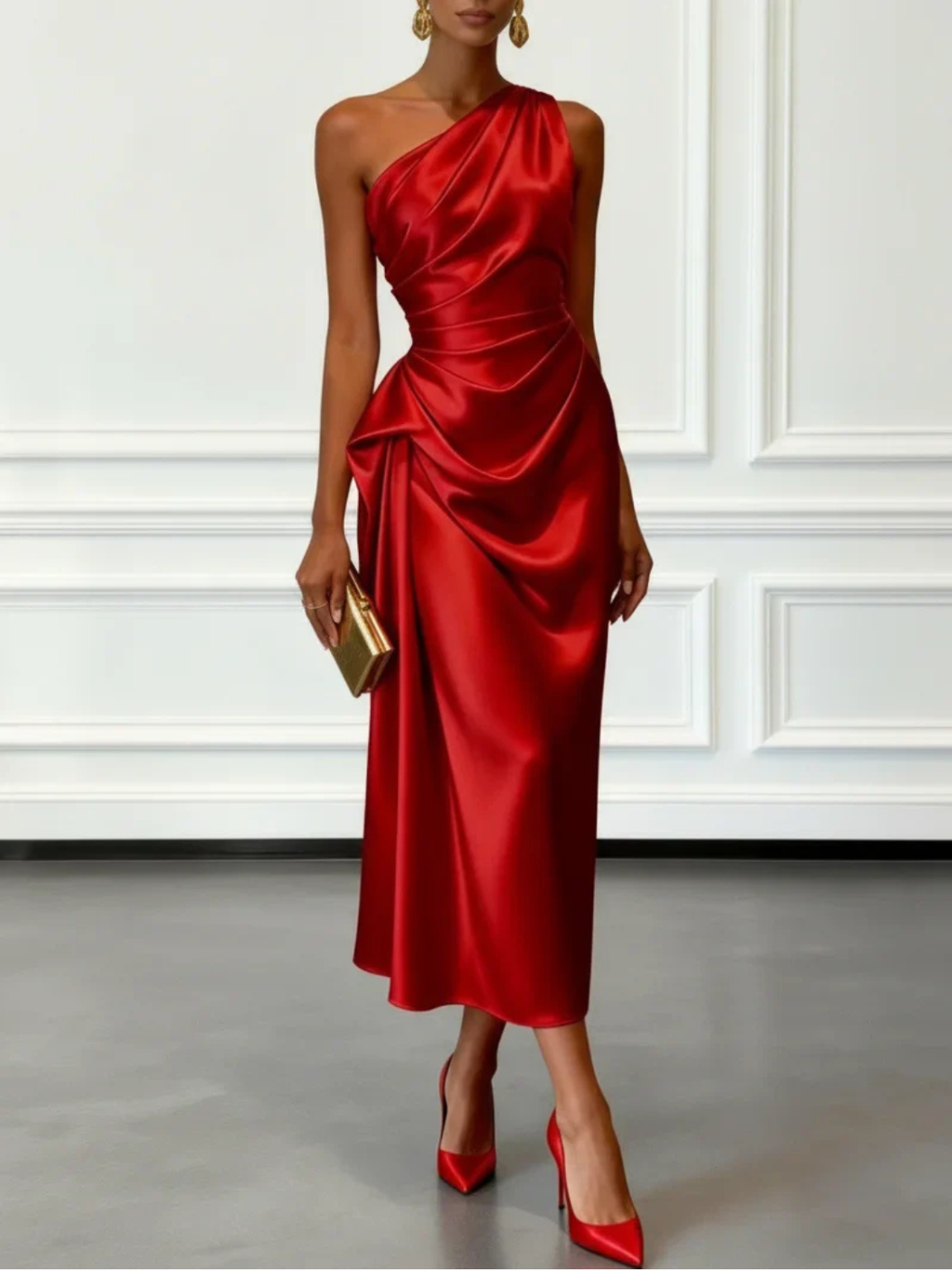 Women's Satin One-Shoulder Wedding Guest Midi Dress