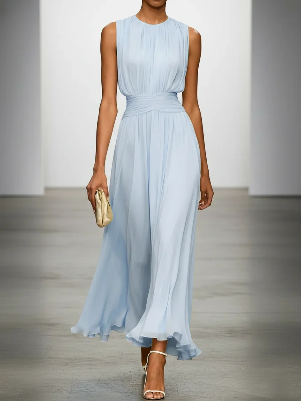 Women's Sleeveless Ruched A-Line Wedding Guest Maxi Dress