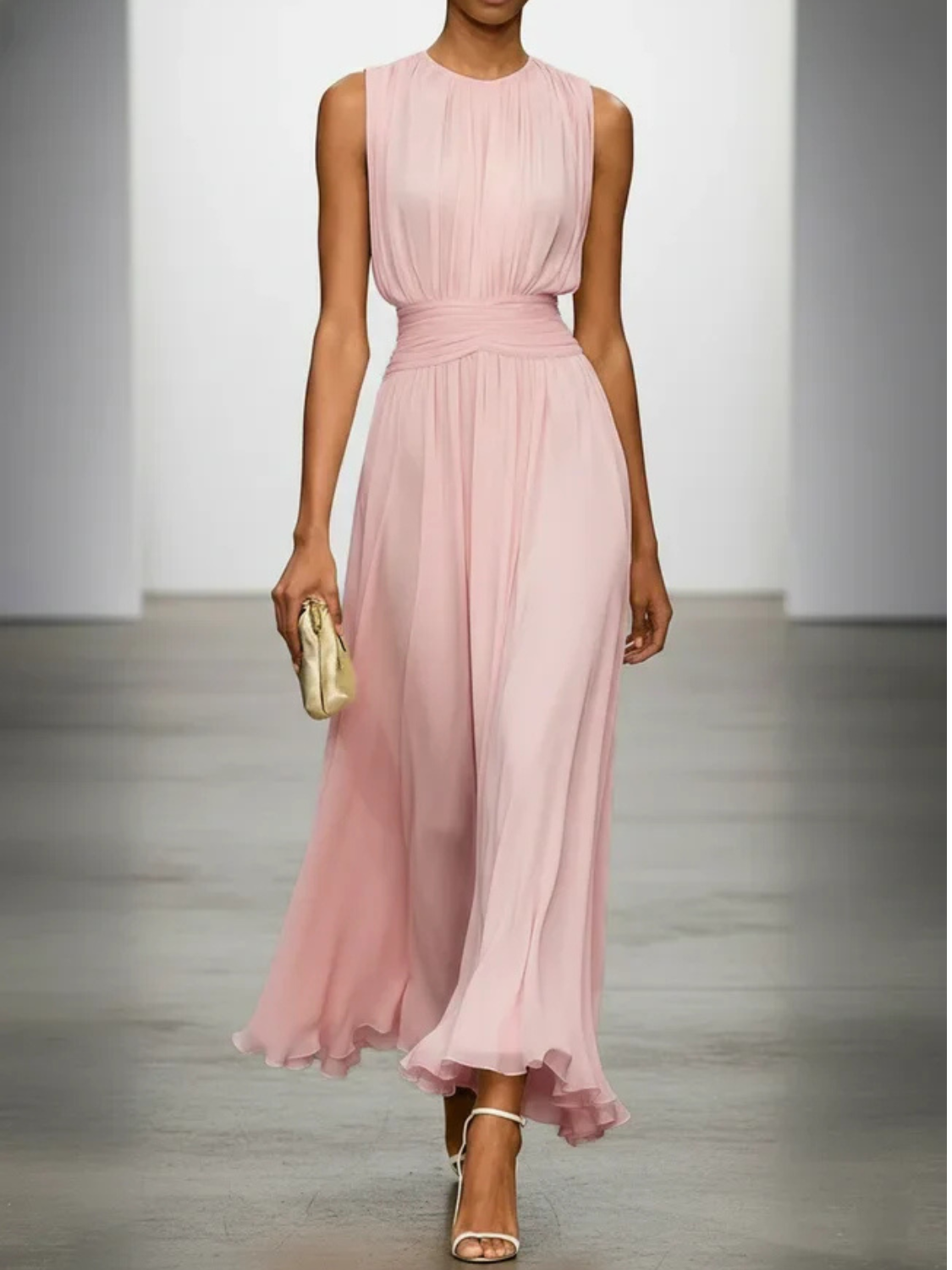 Women's Sleeveless Ruched A-Line Wedding Guest Maxi Dress