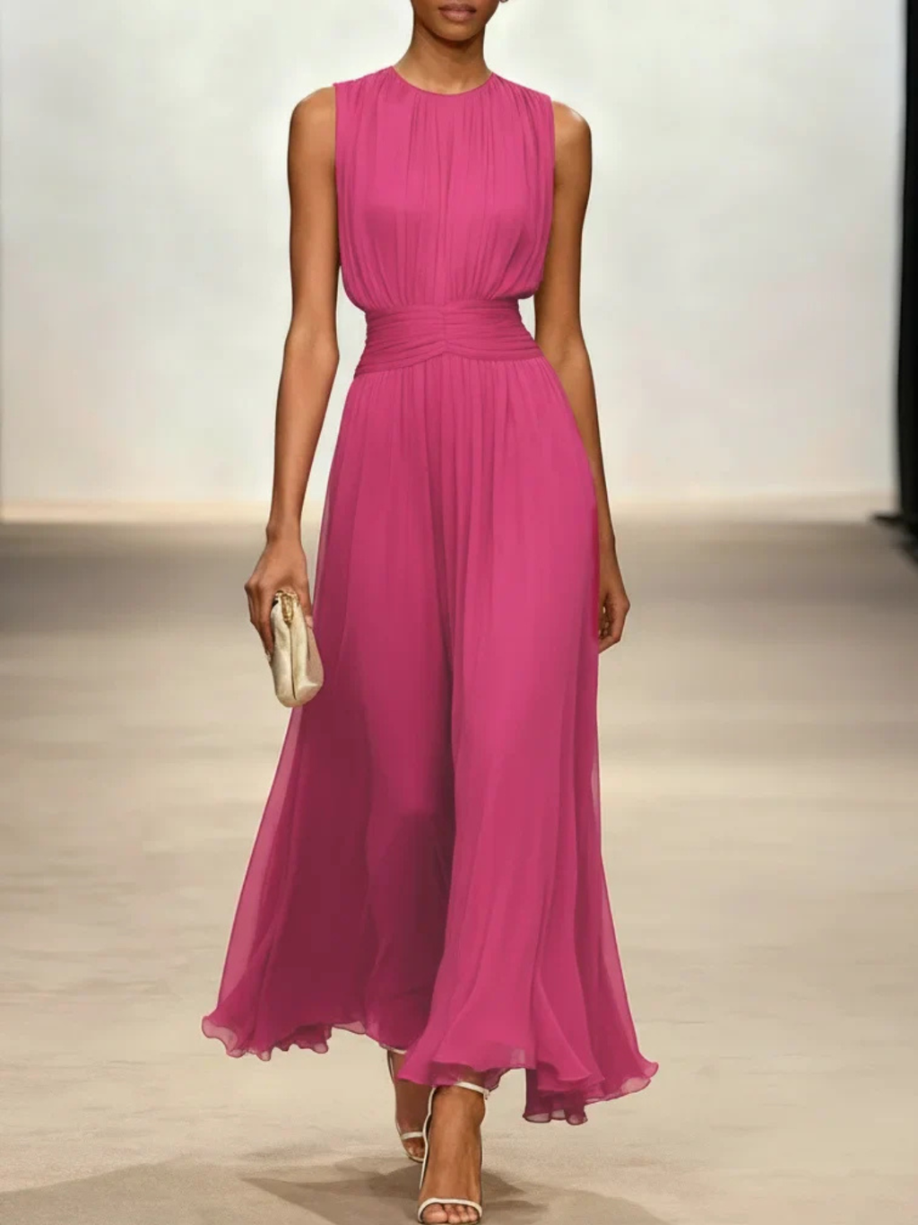Women's Sleeveless Ruched A-Line Wedding Guest Maxi Dress
