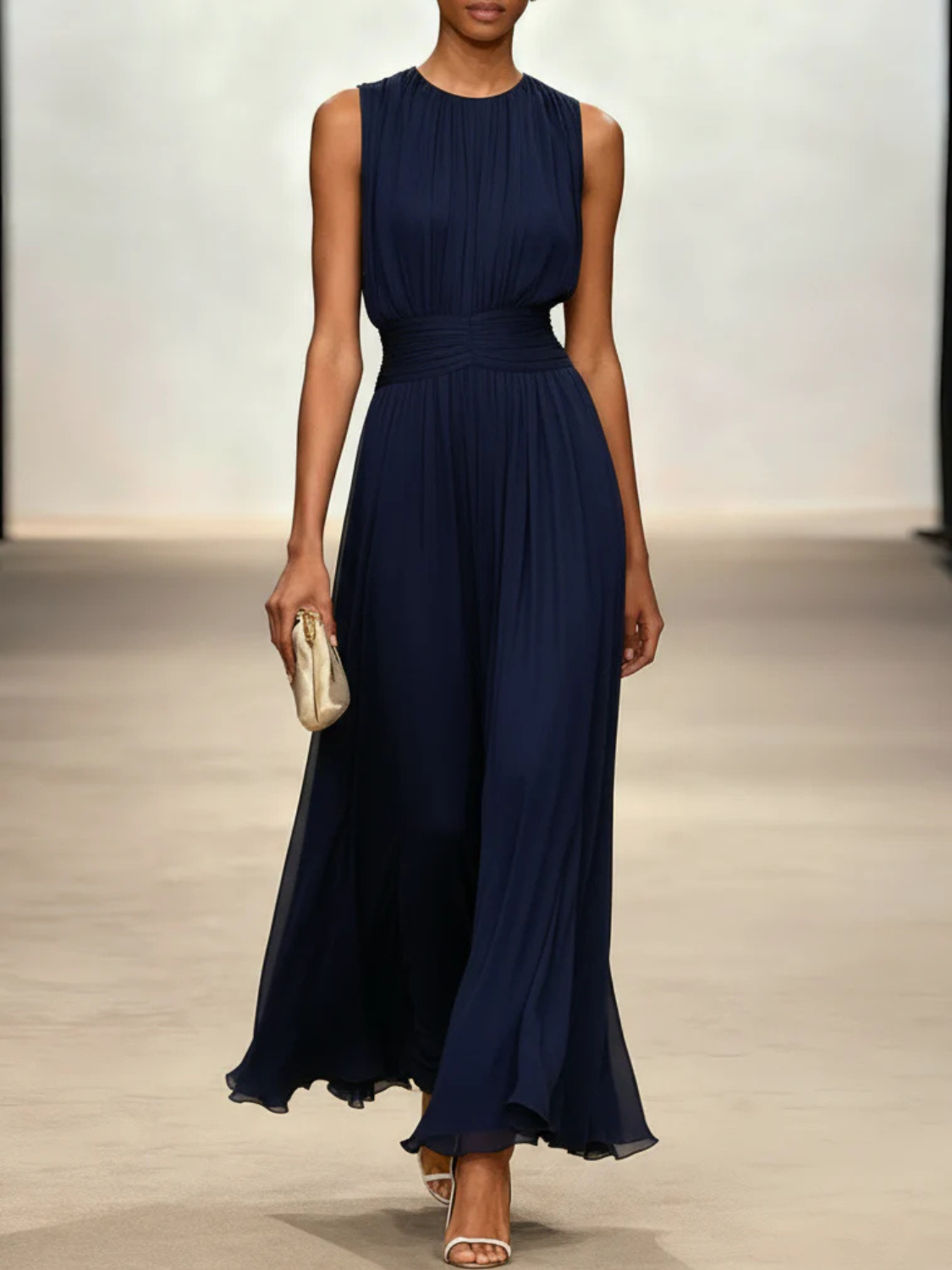 Women's Sleeveless Ruched A-Line Wedding Guest Maxi Dress
