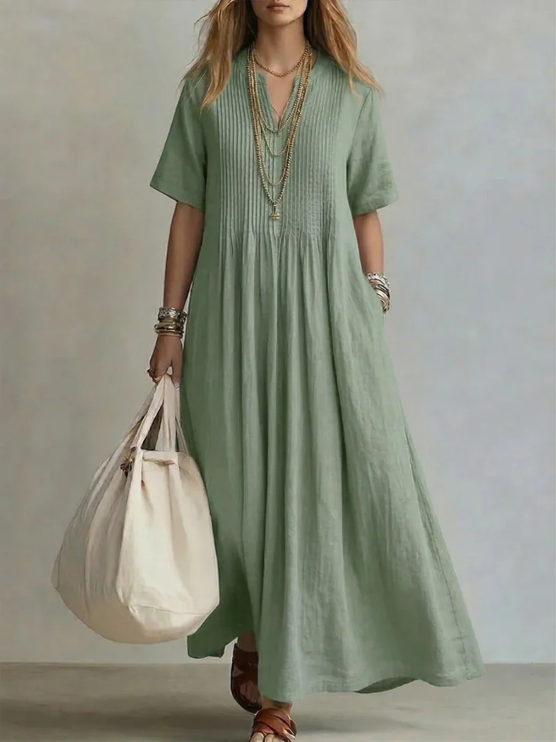 Women's Split Neck Pintuck Linen Blend Maxi Dress