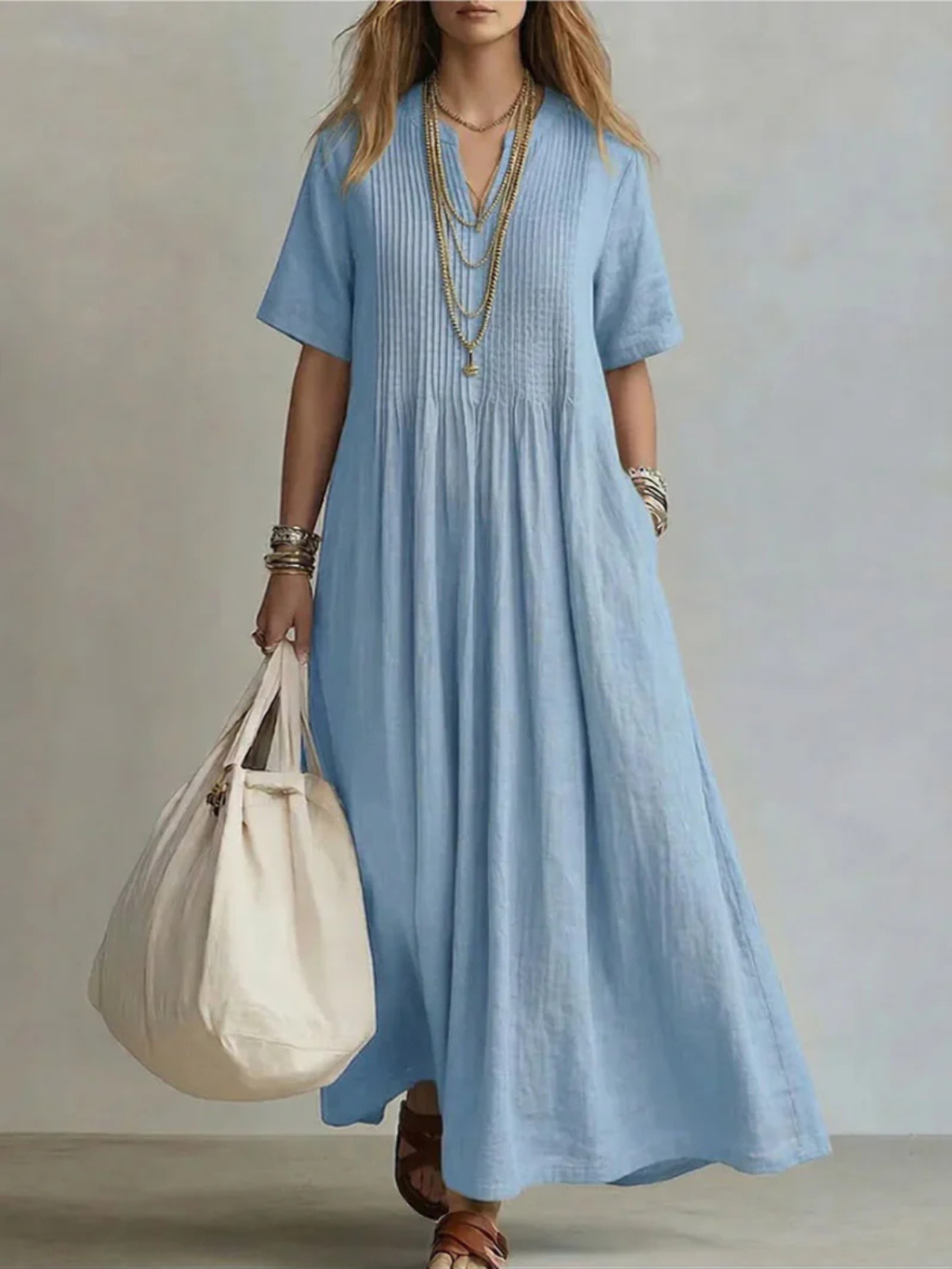 Women's Split Neck Pintuck Linen Blend Maxi Dress
