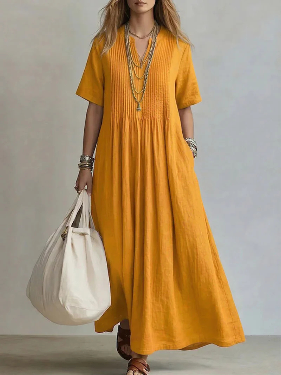 Women's Split Neck Pintuck Linen Blend Maxi Dress