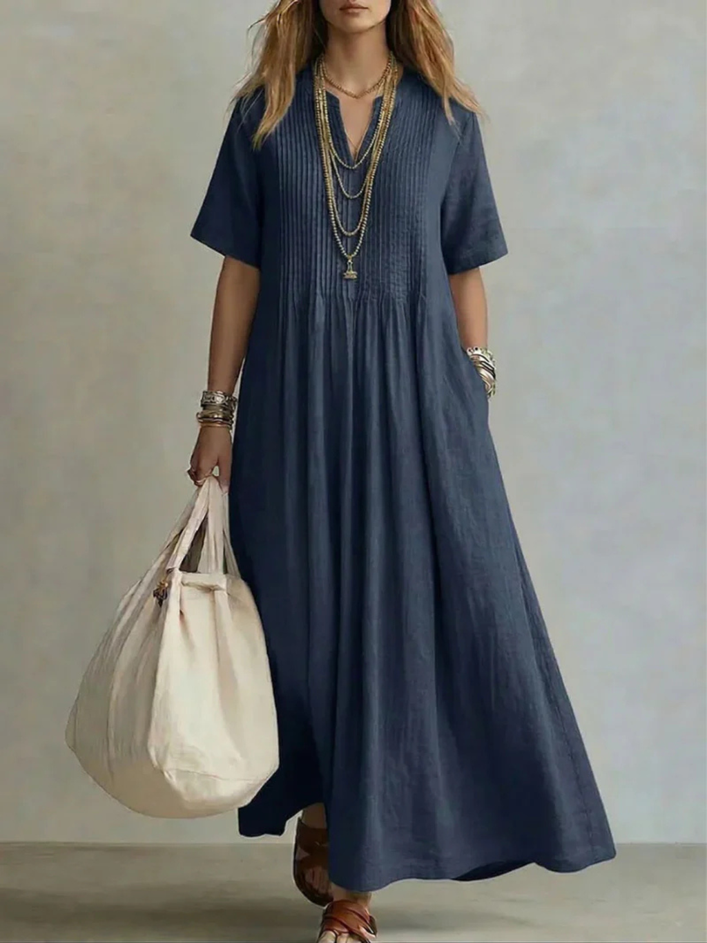 Women's Split Neck Pintuck Linen Blend Maxi Dress