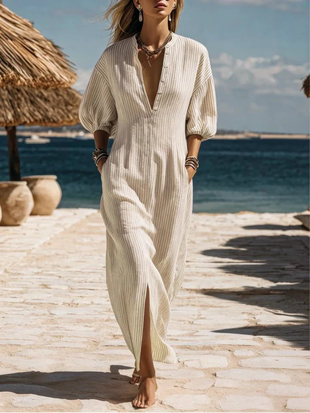 Women's Striped Button-Down Maxi Dress