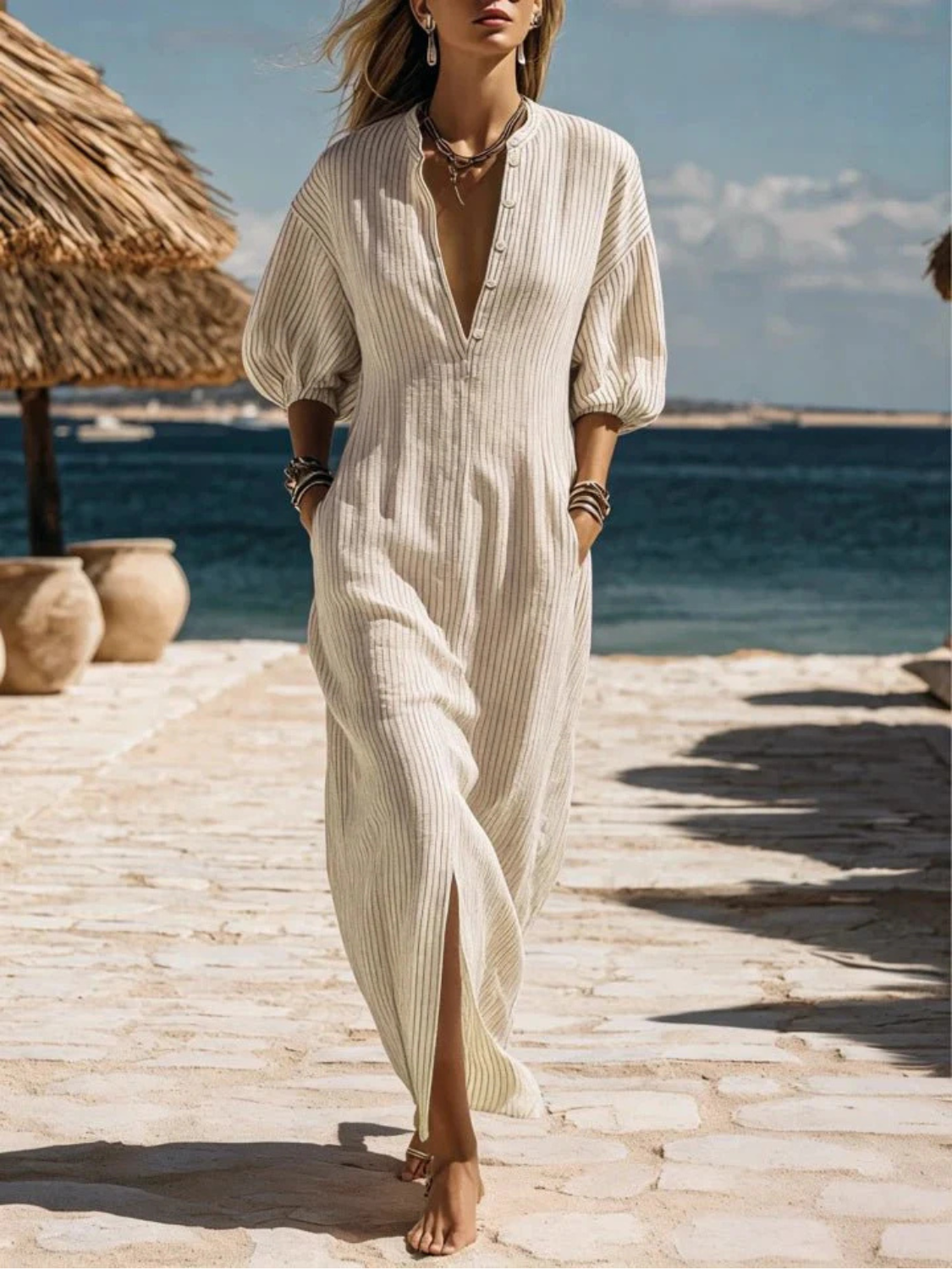 Women's Striped Button-Down Maxi Dress