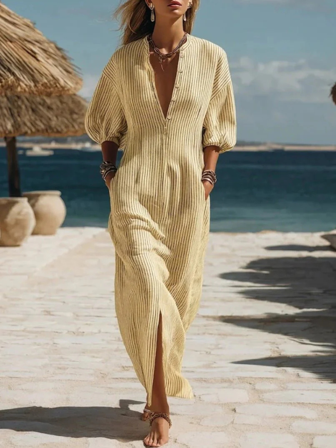 Women's Striped Button-Down Maxi Dress