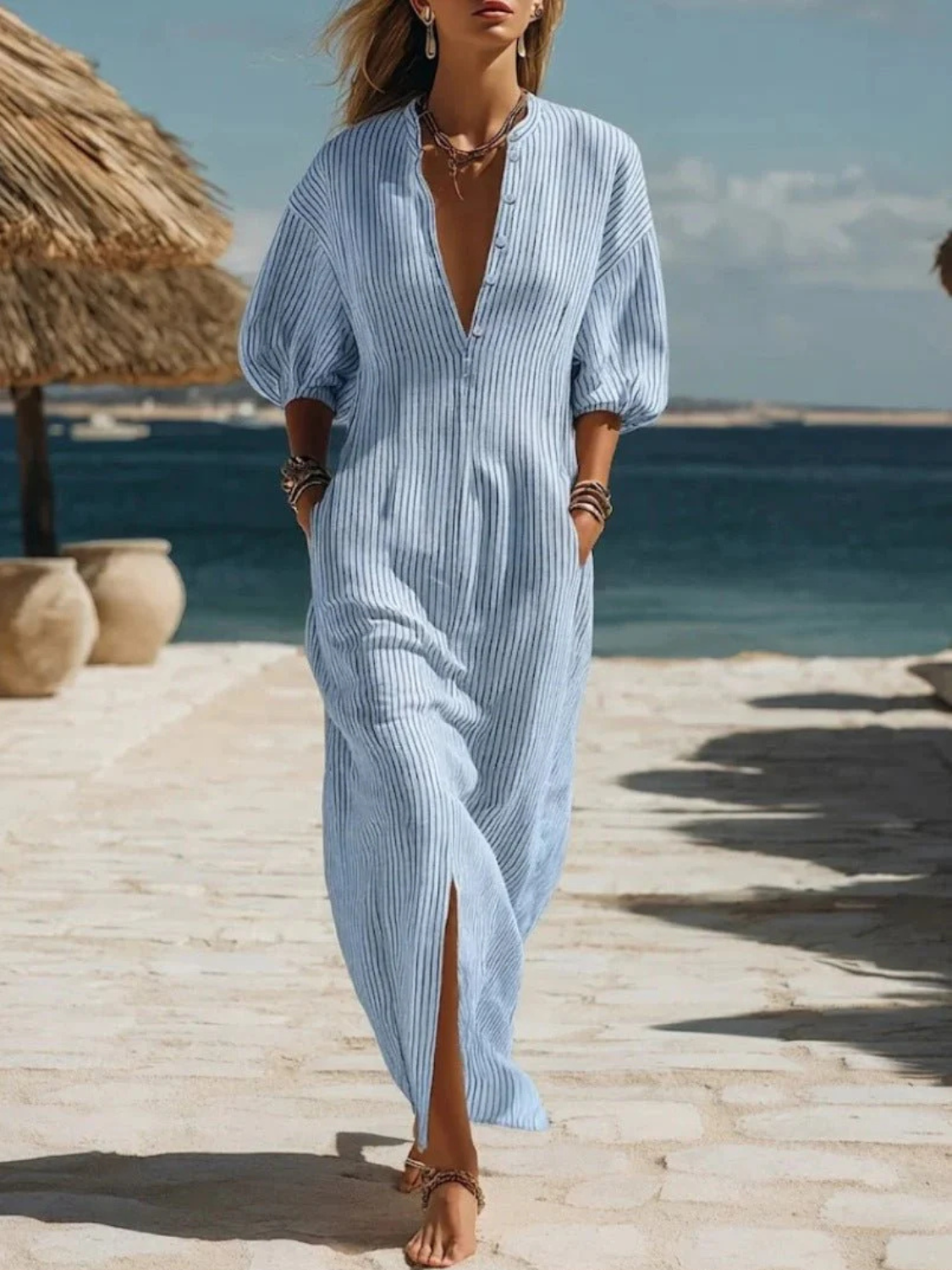 Women's Striped Button-Down Maxi Dress