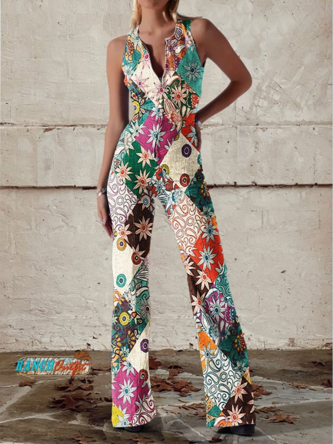 Women's Vintage Floral Denim Jumpsuit