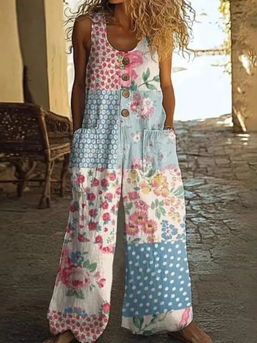 Women's Vintage Floral Wide-Leg Summer Jumpsuit