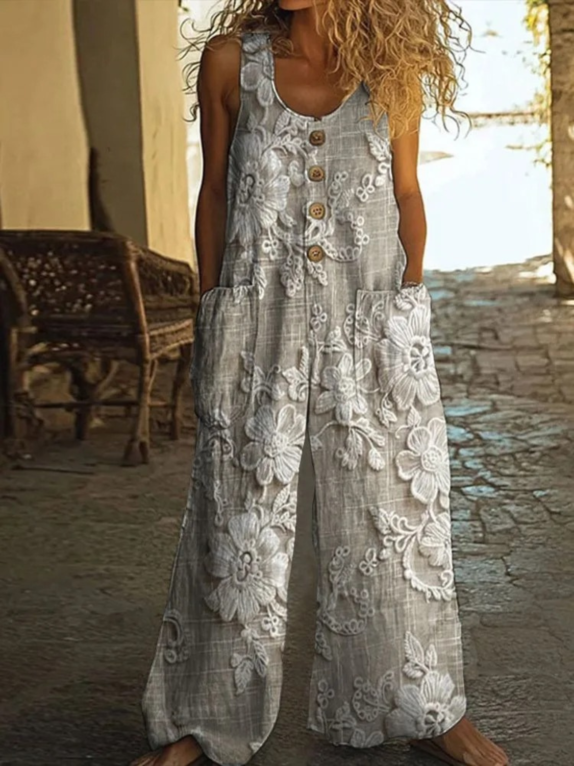 Women's Vintage Floral Wide-Leg Summer Jumpsuit